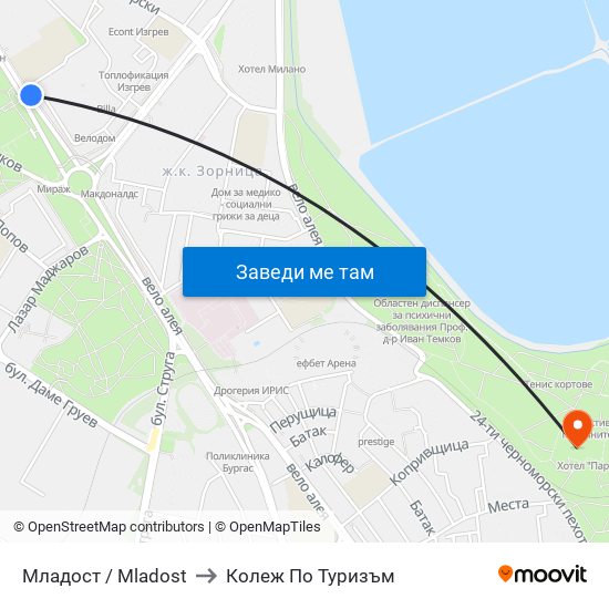 Младост / Mladost to Колеж По Туризъм map