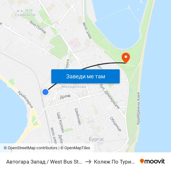 Автогара Запад / West Bus Station to Колеж По Туризъм map