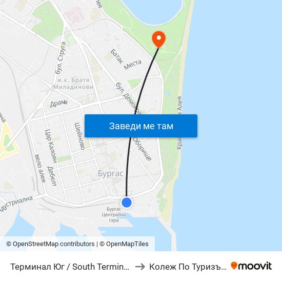 Терминал Юг / South Terminus to Колеж По Туризъм map