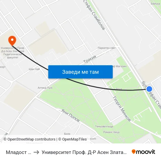 Младост / Mladost to Университет Проф. Д-Р Асен Златаров Педагогически Факултет map