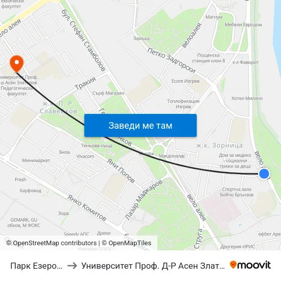Парк Езеро / Ezero Park to Университет Проф. Д-Р Асен Златаров Педагогически Факултет map