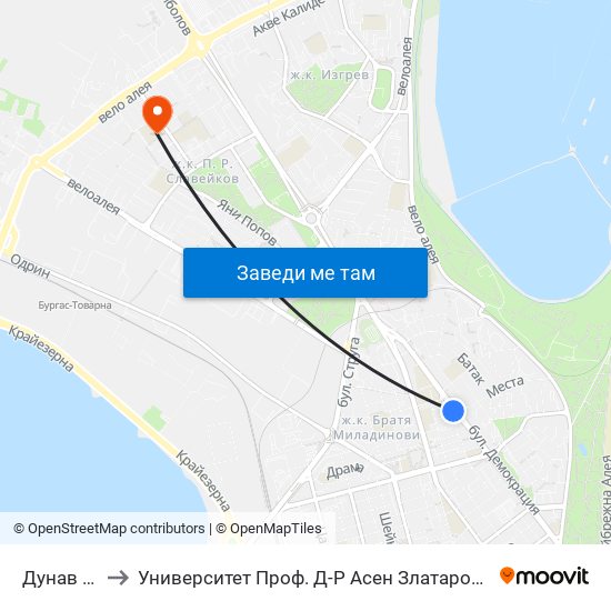 Дунав / Dunav to Университет Проф. Д-Р Асен Златаров Педагогически Факултет map