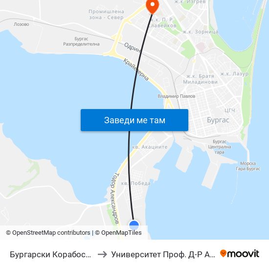 Бургарски Корабостроителници / Burgas Shipyards to Университет Проф. Д-Р Асен Златаров Педагогически Факултет map