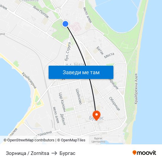Зорница / Zornitsa to Бургас map