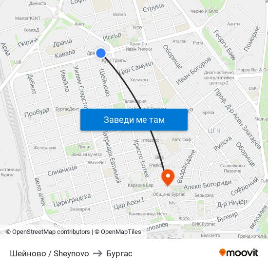 Шейново / Sheynovo to Бургас map