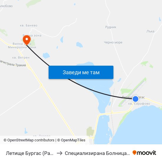 Летище Бургас (Разклон) / Fork Road To Burgas Airport to Специализирана Болница За Рехабилитация - Бургаски Минерални Бани map