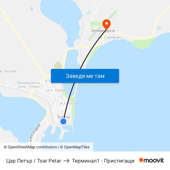 Цар Петър / Tsar Petar to Терминал1 - Пристигащи map