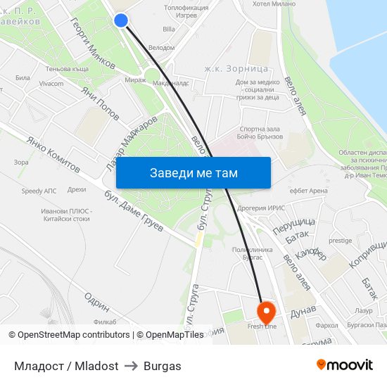 Младост / Mladost to Burgas map