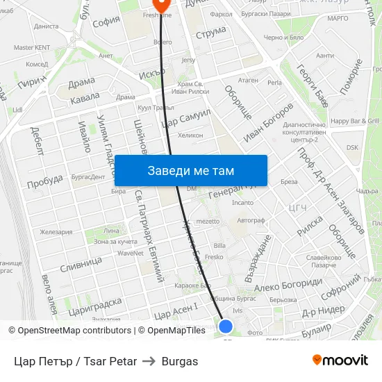 Цар Петър / Tsar Petar to Burgas map