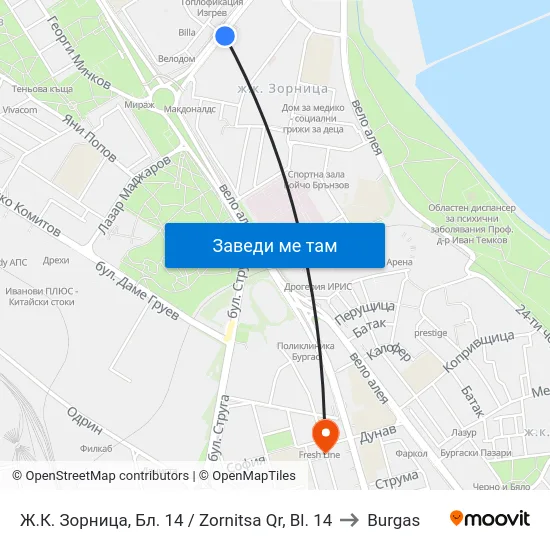 Ж.К. Зорница, Бл. 14 / Zornitsa Qr, Bl. 14 to Burgas map