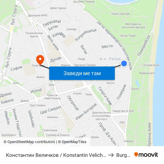 Константин Величков / Konstantin Velichkov to Burgas map