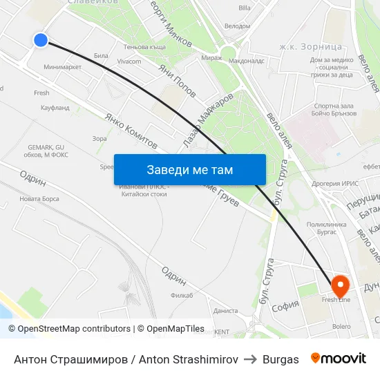 Антон Страшимиров / Anton Strashimirov to Burgas map