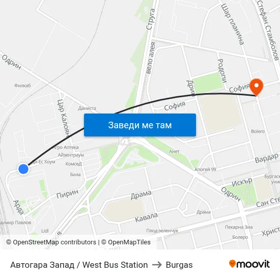 Автогара Запад / West Bus Station to Burgas map