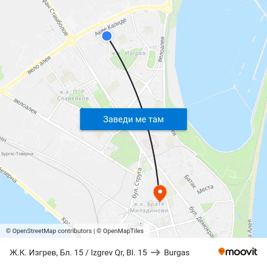 Ж.К. Изгрев, Бл. 15 / Izgrev Qr, Bl. 15 to Burgas map