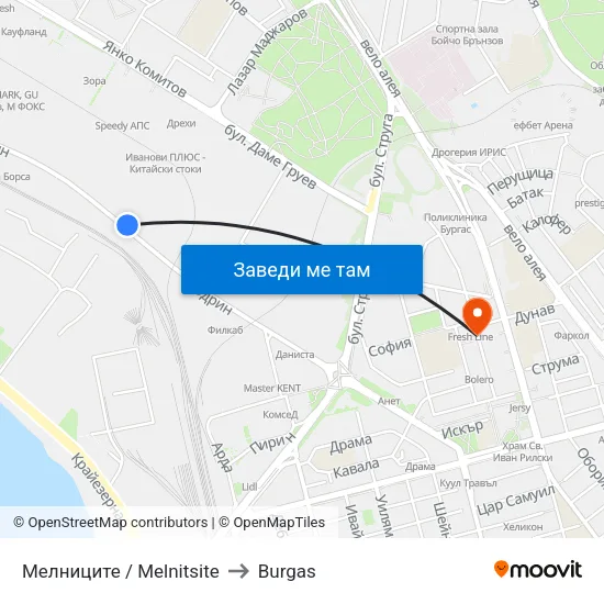 Мелниците / Melnitsite to Burgas map