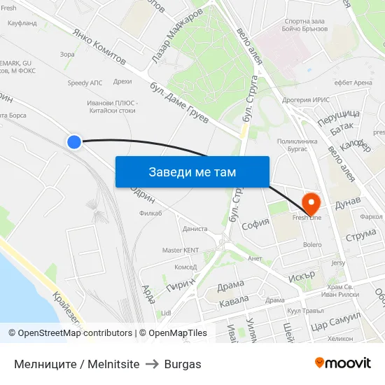 Мелниците / Melnitsite to Burgas map