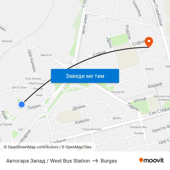 Автогара Запад / West Bus Station to Burgas map