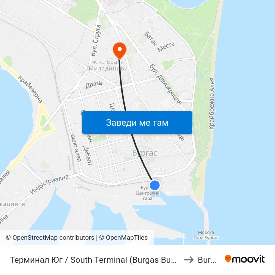 Терминал Юг / South Terminal (Burgas Bus Station) to Burgas map