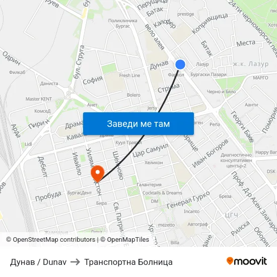 Дунав / Dunav to Транспортна Болница map