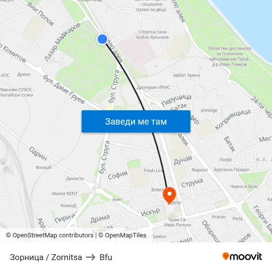 Зорница / Zornitsa to Bfu map
