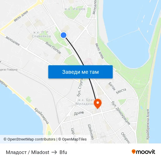 Младост / Mladost to Bfu map