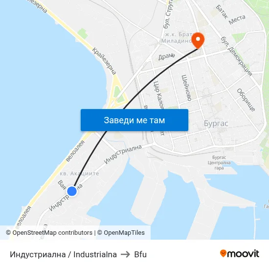 Индустриална / Industrialna to Bfu map