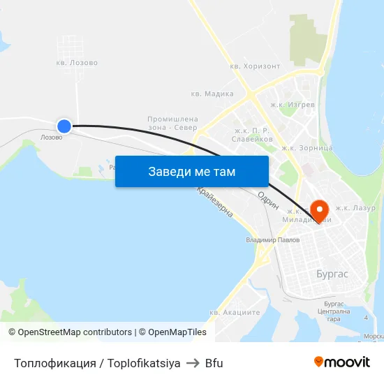 Топлофикация / Toplofikatsiya to Bfu map