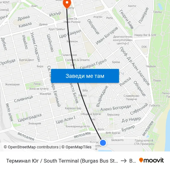 Терминал Юг / South Terminal (Burgas Bus Station) to Bfu map