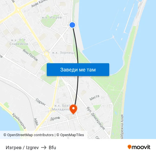 Изгрев / Izgrev to Bfu map