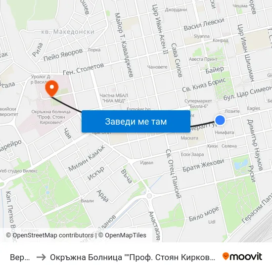 Верея to Окръжна Болница ""Проф. Стоян Киркович"" map