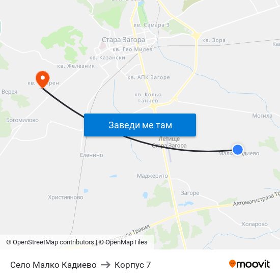 Село Малко Кадиево to Корпус 7 map