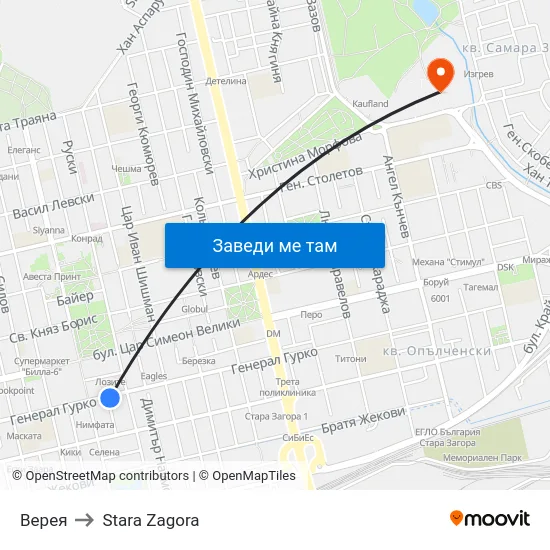 Верея to Stara Zagora map