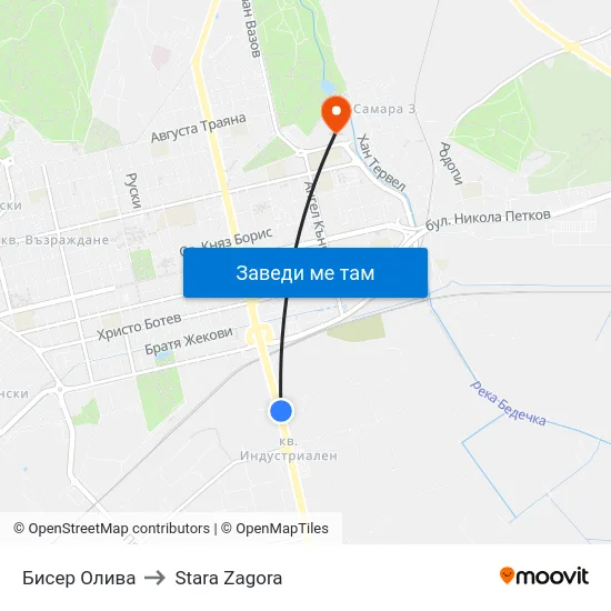 Бисер Олива to Stara Zagora map