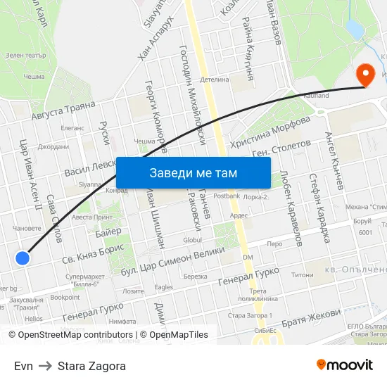 Evn to Stara Zagora map