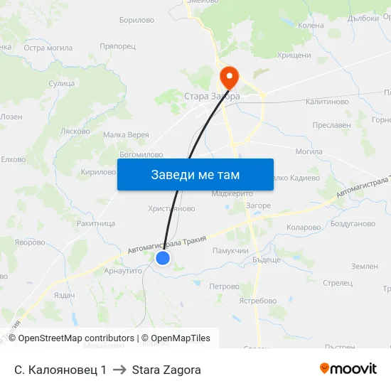С. Калояновец 1 to Stara Zagora map