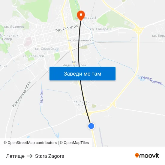 Летище to Stara Zagora map