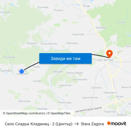Село Сладък Кладенец - 2 (Център) to Stara Zagora map
