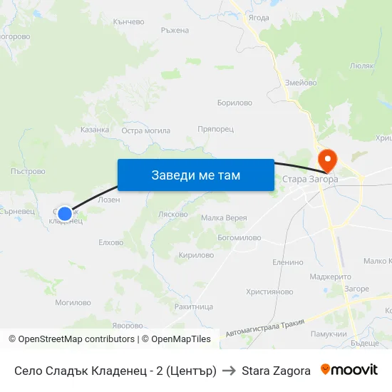 Село Сладък Кладенец - 2 (Център) to Stara Zagora map