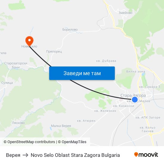 Верея to Novo Selo Oblast Stara Zagora Bulgaria map