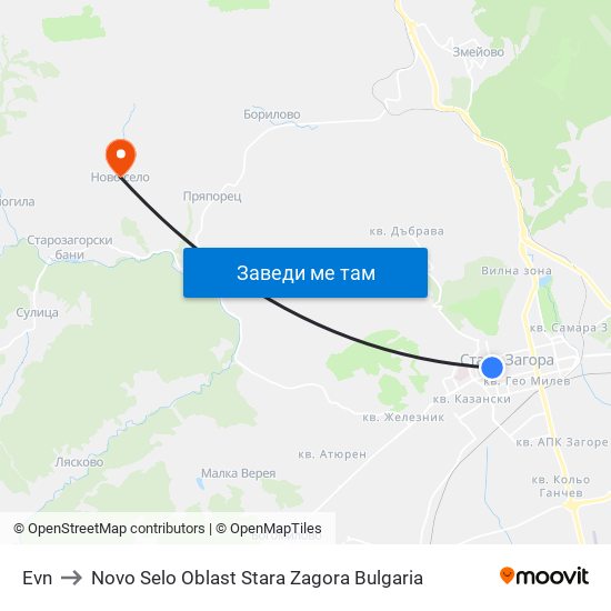 Evn to Novo Selo Oblast Stara Zagora Bulgaria map