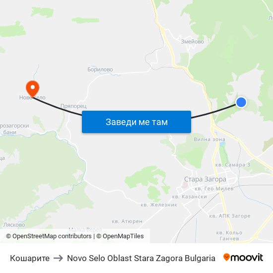 Кошарите to Novo Selo Oblast Stara Zagora Bulgaria map