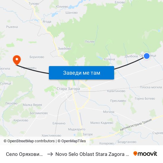 Село Оряховица - 1 to Novo Selo Oblast Stara Zagora Bulgaria map