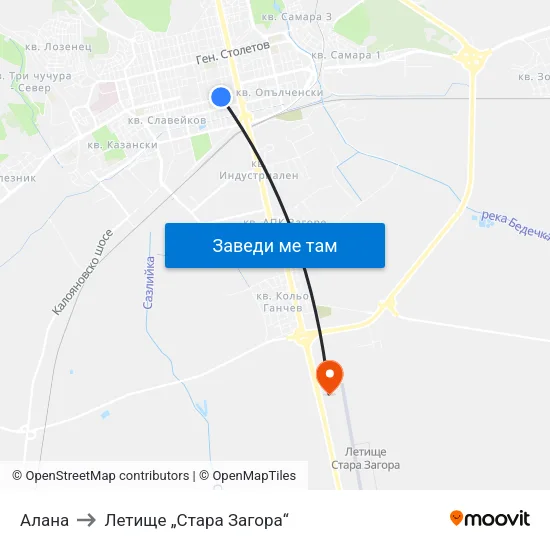 Алана to Летище „Стара Загора“ map