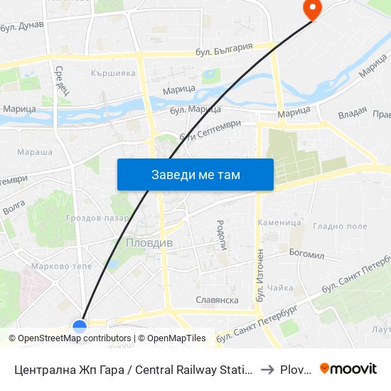 Централна Жп Гара / Central Railway Station (205) to Plovdiv map