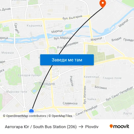 Автогара Юг / South Bus Station (206) to Plovdiv map
