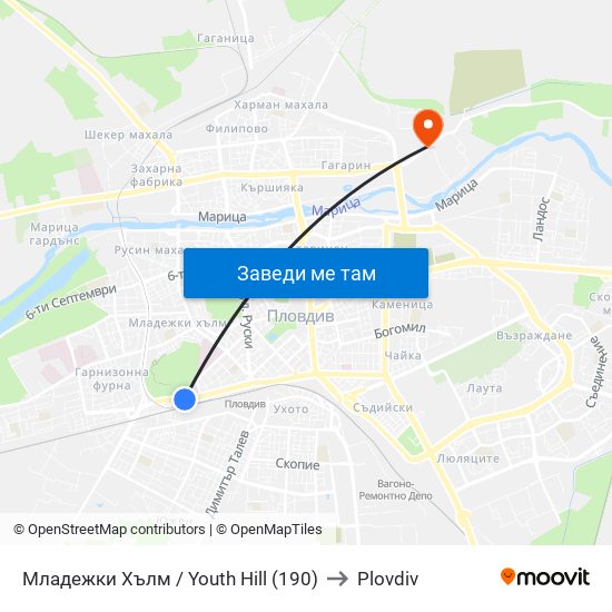 Младежки Хълм / Youth Hill (190) to Plovdiv map