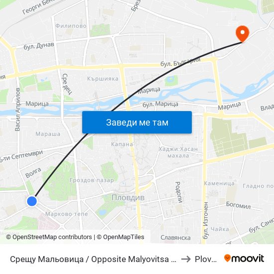 Срещу Мальовица / Opposite Malyovitsa (246) to Plovdiv map