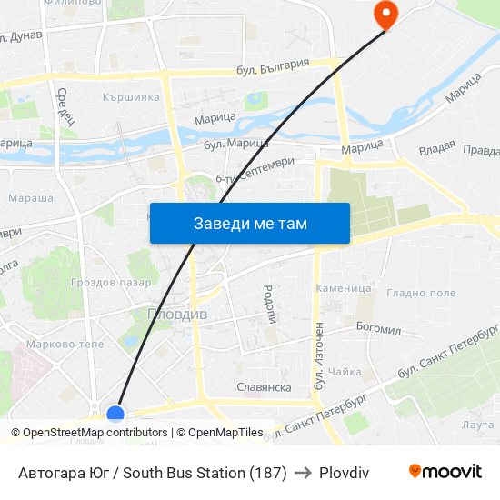 Автогара Юг / South Bus Station (187) to Plovdiv map