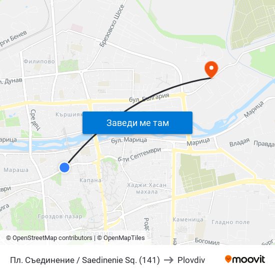 Пл. Съединение / Saedinenie Sq. (141) to Plovdiv map