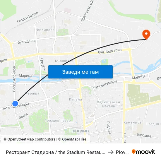 Ресторант Стадиона / the Stadium Restaurant (383) to Plovdiv map